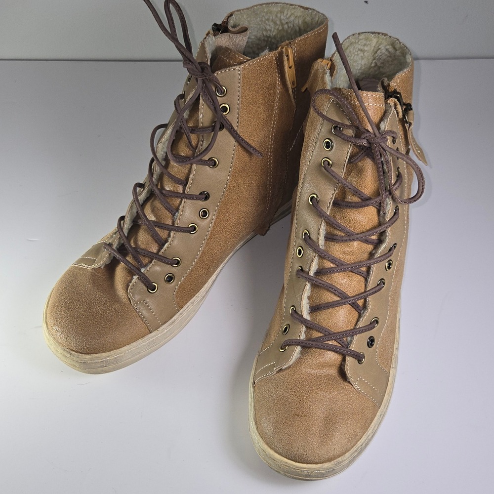 OTOT Gower‎ 10M Tan Suede Leather Wedge High Top Lace Up Zip Boot size 10M